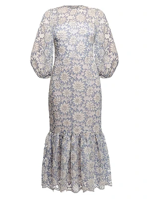 Adaya Lace Puff-Sleeve Scallop-Hem Midi-Dress