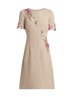 Floral Appliqué Tweed Cocktail Dress