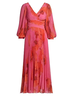Floral Pleated Chiffon Cocktail Dress