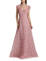 Floral Embroidered Organza A-Line Gown