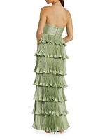 Ieena Pleated Charmeuse Strapless Tiered Ruffle Gown