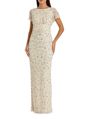 Evening Floral Embellished Mesh Fitted Blouson Gown