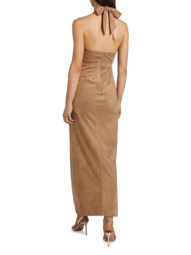 Brigita Faux-Suede Halterneck Maxi Dress