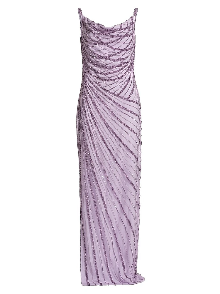 Embroidered Tulle Cowl Gown