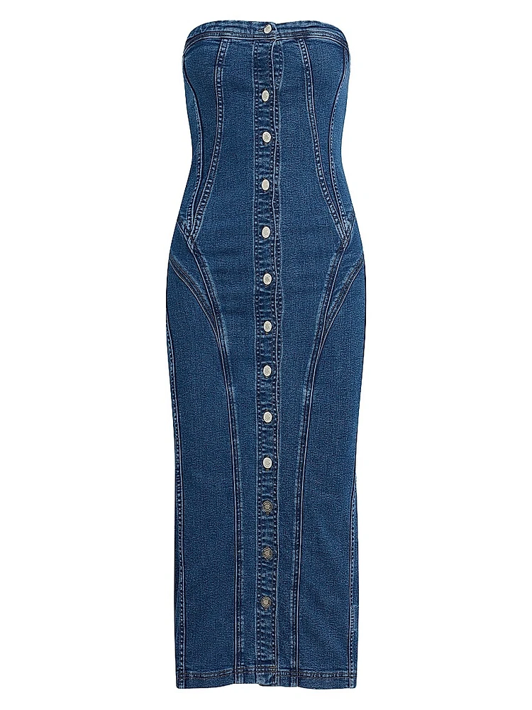 Stretch-Denim Strapless Midi-Dress
