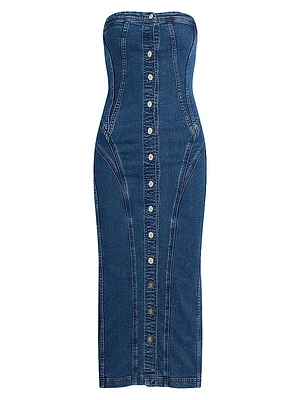 Stretch-Denim Strapless Midi-Dress