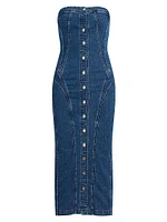Stretch-Denim Strapless Midi-Dress