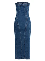 Stretch-Denim Strapless Midi-Dress