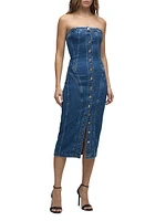 Stretch-Denim Strapless Midi-Dress