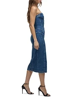 Stretch-Denim Strapless Midi-Dress