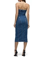 Stretch-Denim Strapless Midi-Dress
