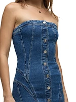 Stretch-Denim Strapless Midi-Dress
