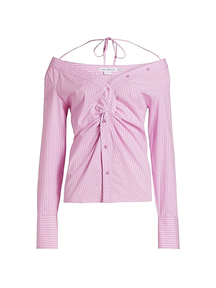 Pinstripe Off-the-Shoulder Shirt
