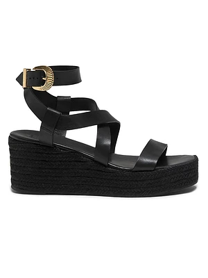 Harper Flatform Raffia-Covered Wedge Heel Leather Sandals