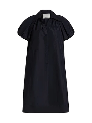 Satin Puff-Sleeve Mini Shirtdress
