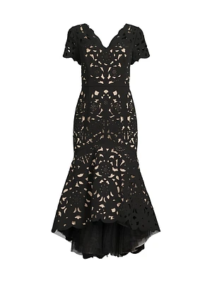 V-Neck Laser-Cut Crepe Midi-Dress