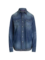 Denim Snap-Front Long-Sleeve Top