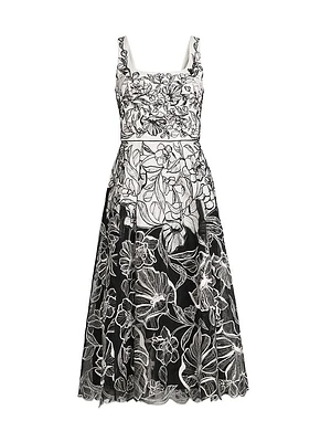 Floral Embroidered Organza Midi-Dress