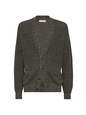 Linen and Cotton Half English Rib Cardigan with Metal Buttons