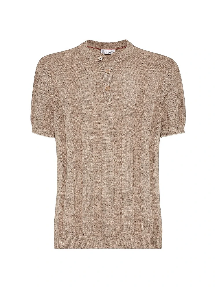 Linen and Cotton Textured Rib Knit T-Shirt with Henley Collar