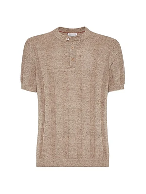 Linen and Cotton Textured Rib Knit T-Shirt with Henley Collar