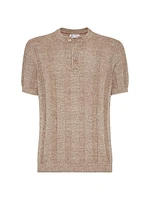 Linen and Cotton Textured Rib Knit T-Shirt with Henley Collar