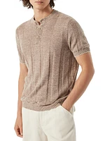 Linen and Cotton Textured Rib Knit T-Shirt with Henley Collar