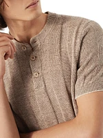 Linen and Cotton Textured Rib Knit T-Shirt with Henley Collar