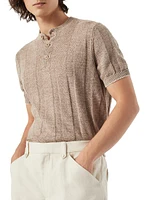 Linen and Cotton Textured Rib Knit T-Shirt with Henley Collar