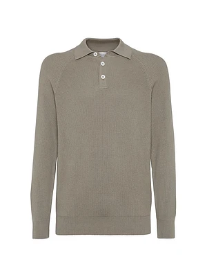 Cotton English Rib Knit Polo Shirt with Long Raglan Sleeves