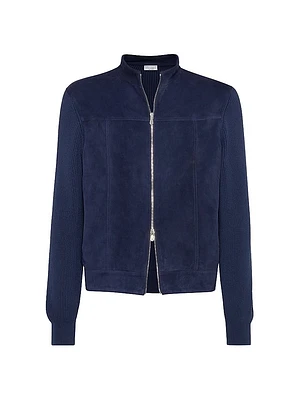 Suede and Cotton Knit Bomber Jacket