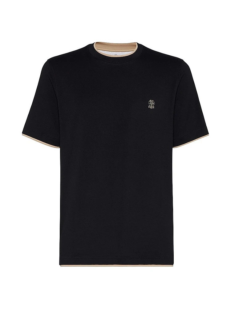 Cotton Jersey Crewneck T-Shirt with Logo and Faux Layering