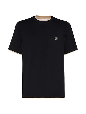 Cotton Jersey Crewneck T-Shirt with Logo and Faux Layering