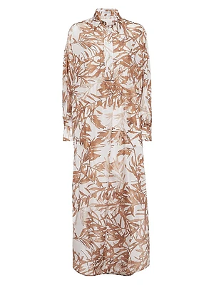Silk Herbarium Print Pongee Shirt Dress with Monili
