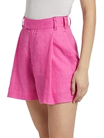 Pleated High-Rise Linen Shorts