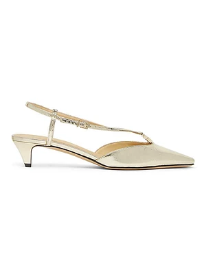 Fold Logo Metallic Leather Kitten-Heel Pumps
