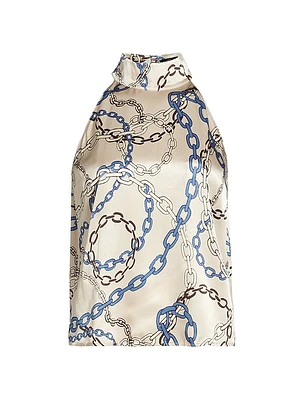 Leah Chain-Print Satin Halterneck Top