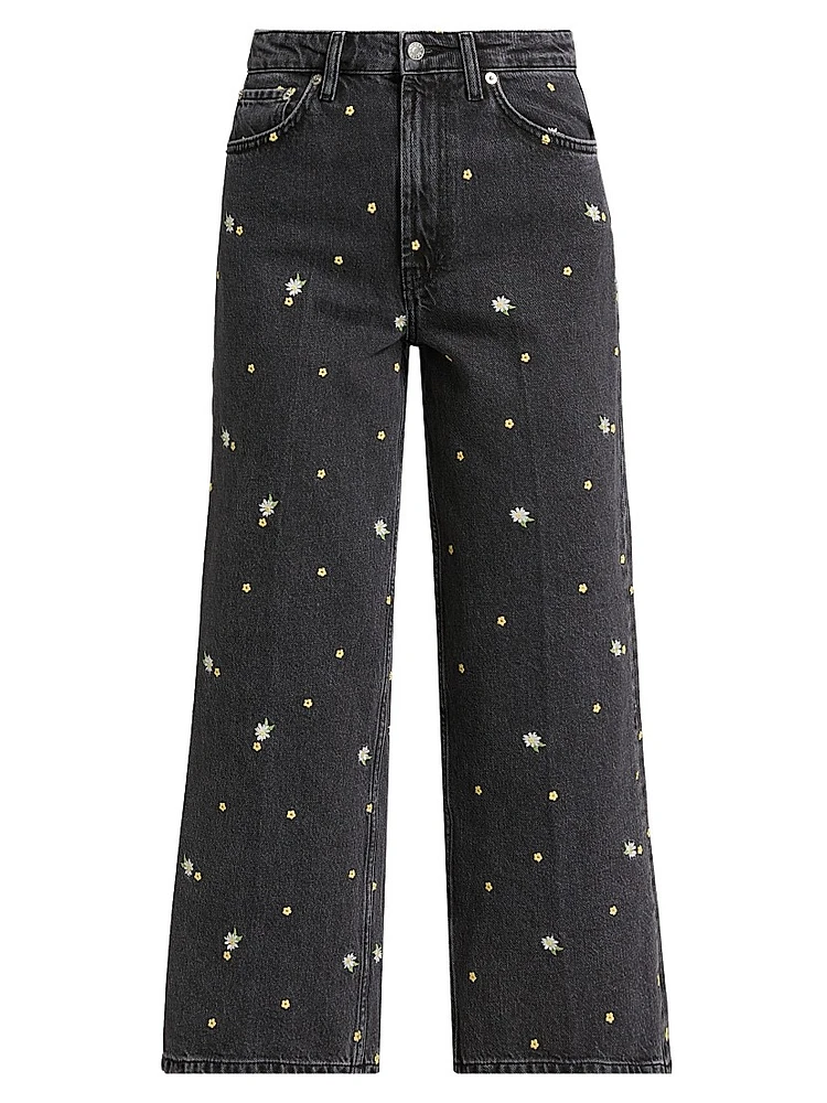 Getty Floral-Embroidered Wide-Leg Crop Jeans