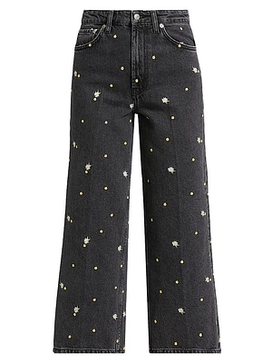 Getty Floral-Embroidered Wide-Leg Crop Jeans