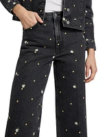 Getty Floral-Embroidered Wide-Leg Crop Jeans