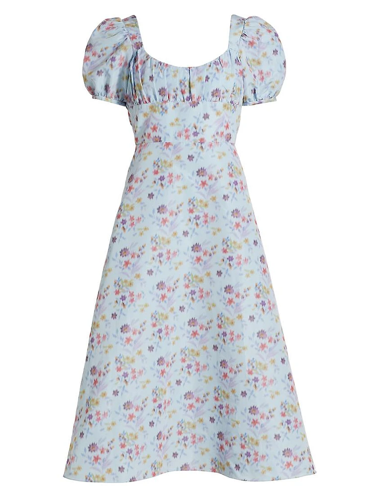 Elora Floral Puff-Sleeve A-Line Midi-Dress