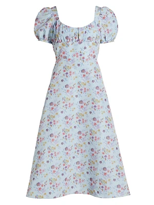 Elora Floral Puff-Sleeve A-Line Midi-Dress