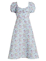 Elora Floral Puff-Sleeve A-Line Midi-Dress