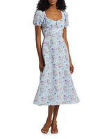 Elora Floral Puff-Sleeve A-Line Midi-Dress