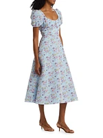 Elora Floral Puff-Sleeve A-Line Midi-Dress