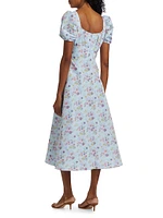 Elora Floral Puff-Sleeve A-Line Midi-Dress