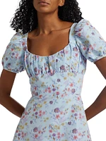 Elora Floral Puff-Sleeve A-Line Midi-Dress