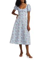 Elora Floral Puff-Sleeve A-Line Midi-Dress