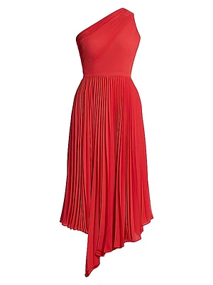 One-Shoulder Pleated Midi-Dress
