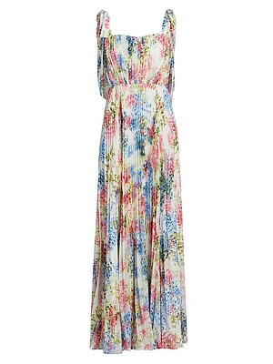 Lexie Floral Plissé Chiffon Tie-Strap Gown